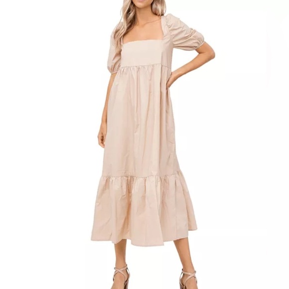 En Saison Beige/Tan Square Neck Puff Sleeve Midi Dress Size Medium - Picture 4 of 9